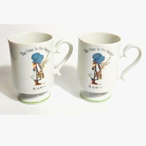 Set of 2 Holly Hobbie Mugs 1970s Porcelain The Time To Be Happy Is Now